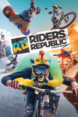 Diversos esportistas com o logo Riders Republic no centro